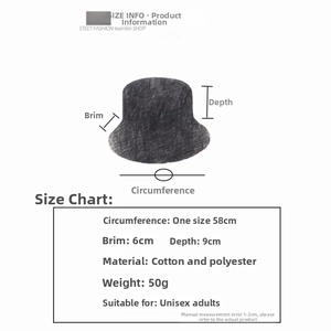 Size chart showing 58cm circumference, 9cm depth, and 6cm brim for the bucket hat