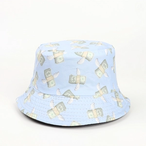 Detailed close-up of light blue bucket hat featuring flying dollar bill print design