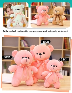 Size comparison and color selection of plush teddy bears with decorative bows