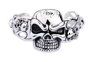 Detailed macro shot of vintage silver skull punk bracelet in stainless steel