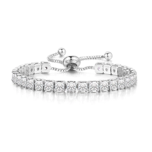 Detail of silver adjustable bolo bracelet with square-cut clear cubic zirconia stones