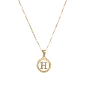 18K gold plated stainless steel necklace with round shell pendant and letter H detail