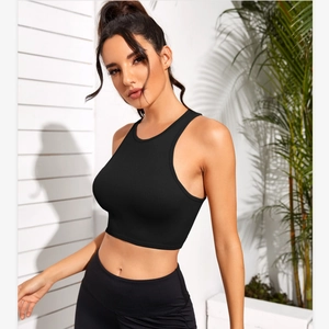 Débardeur De Sport Côtelé Pour Femmes Coupe Ajustée Dos Nageur Crop Top Nylon Élasthanne Gilet De Fitness