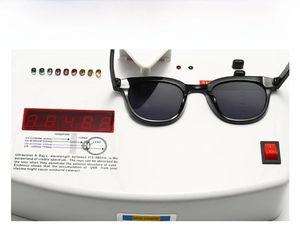 Detailed UV400 test showing black frame sunglasses blocking harmful ultraviolet rays