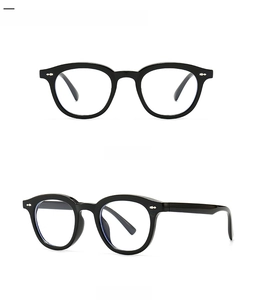 Front and 45-degree side view of black transparent retro narrow frame blue light glasses