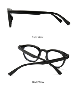 Detailed side and back view of narrow retro black frame glasses with blue light coating