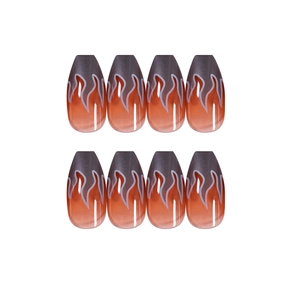 Red flame gradient press-on nails in coffin shape with white line art detailing