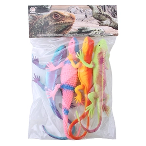 Set of 4 colorful squeeze lizard toys in OPP bag packaging with header card