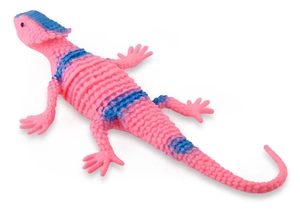 Close-up of pink and blue striped soft rubber lizard toy with textured skin surface