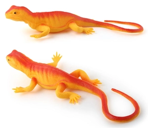 Detailed close-up of realistic lizard toy with yellow-orange gradient and scale textures