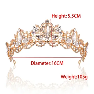 Luxury gold alloy bridal crown with crystals and rhinestones for wedding ceremonies