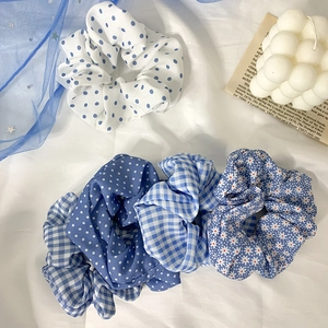 Lot de chouchous à fleurs bleues et pois en mousseline de style français pour femmes