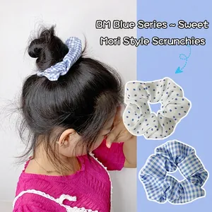 Chouchous en tissu bleu à carreaux et pois pour coiffure quotidienne et accessoires
