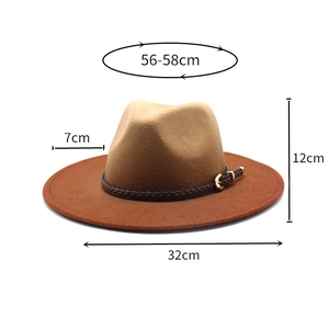 Two-tone wool fedora hat with size measurements: 7cm brim, 12cm height, and 56-58cm head size