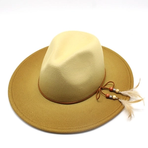 British style wide brim wool fedora with khaki gradient and decorative feather trim