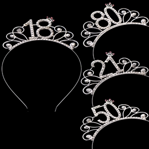 Silver rhinestone birthday tiaras set featuring crystal numbers 18, 21, 50, and 80 for women
