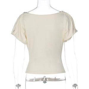 Detailed back view of off-white slim T-shirt with shoulder pleats and metallic buttons
