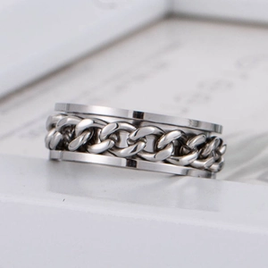 Industrial silver titanium steel rotating curb chain ring shown on a clean white frame