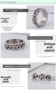 Detailed views of the rotating chain and polished silver finish on a steel spinner ring