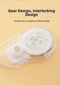 Detail view of transparent correction tape showing precise internal gear mechanism