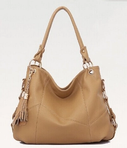 Fashionable khaki leather hobo shoulder bag for women with decorative tassel and gold hardware