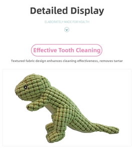 Detail of green dinosaur plush pet toy featuring bumpy corn velvet fabric for cleaning teeth