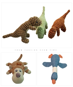 Durable plush dog squeaky toys in dinosaur, monkey and goose shapes with striped texture