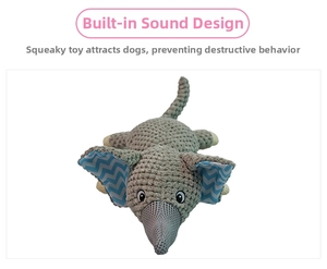 Detail view of knitted plush elephant dog toy with built-in squeaker for interactive play