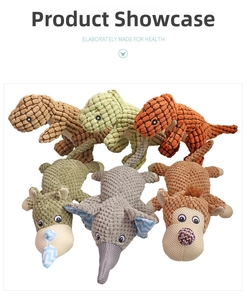 Set of six durable squeaky plush dog toys in animal shapes like dinosaur and elephant