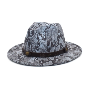 Detail of grey snake print fedora featuring brown leather band with metal conchos