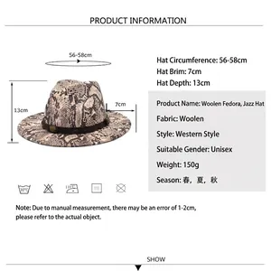 Chic snakeskin wool felt jazz fedora hat with wide brim and leather band decoration