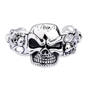 Skull Cuff Bracelet Stainless Steel Retro Punk Gothic Style Open Bangle For Men Adjustable Cool Jewelry