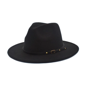 Classic black wide-brim wool felt fedora hat with stylish studded gold buckle band