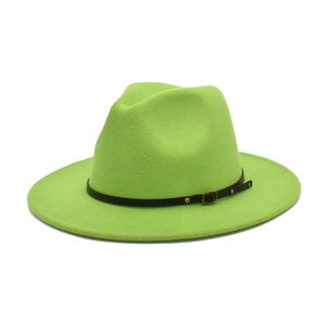 Side view of a lime green wool felt fedora hat featuring a black decorative belt detail
