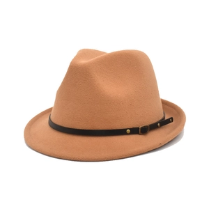 Classic camel wool fedora hat with black leather band and gold metal rivet accents