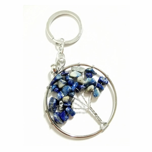Silver Tree of Life keychain featuring handcrafted blue crystal stones on white background