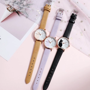 Minimalist cat silhouette quartz watch for girls with multi-color leather straps in INS style