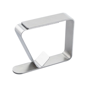 Minimalist stainless steel tablecloth clip with a brushed finish and modern curved design