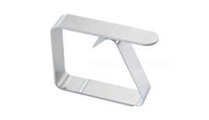 Close-up of brushed stainless steel tablecloth clip with smooth curved metal design