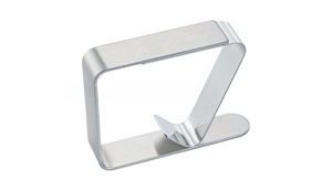 Close-up of a U-shaped stainless steel tablecloth clip with brushed metal texture
