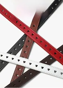 Detail of heart-shaped hollowed belts with contrast stitching in five stylish colors