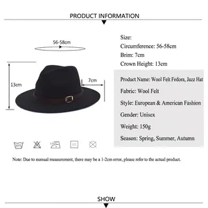 Classic black wool fedora hat with brown leather band and detailed size measurements