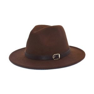 Classic dark brown wide brim fedora hat with black leather band and golden metal buckle