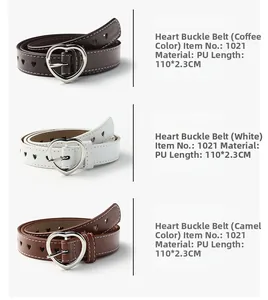 Detailed comparison of heart cutout PU leather belts in brown, white, and camel colors