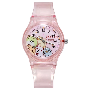 Pink semi-transparent cartoon quartz watch with Sumikko Gurashi characters and digital dial