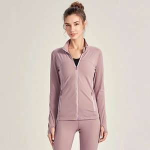 Women's lavender slim-fit zip jacket with thumbholes and laser-cut breathable holes