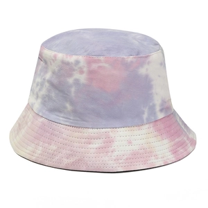 Tie-dye cotton bucket hat featuring purple and pink macaron tones with a wide brim