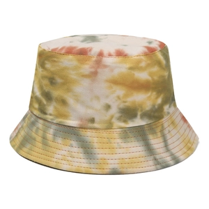 Retro street style tie-dye bucket hat featuring orange and olive green patterns on white back