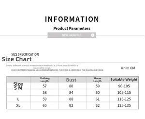 Detailed size chart for long sleeve sports top including length, bust, and weight guide