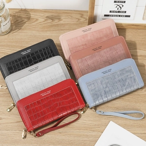 Long faux leather women's zip wallet with stone pattern and wrist strap in various colors